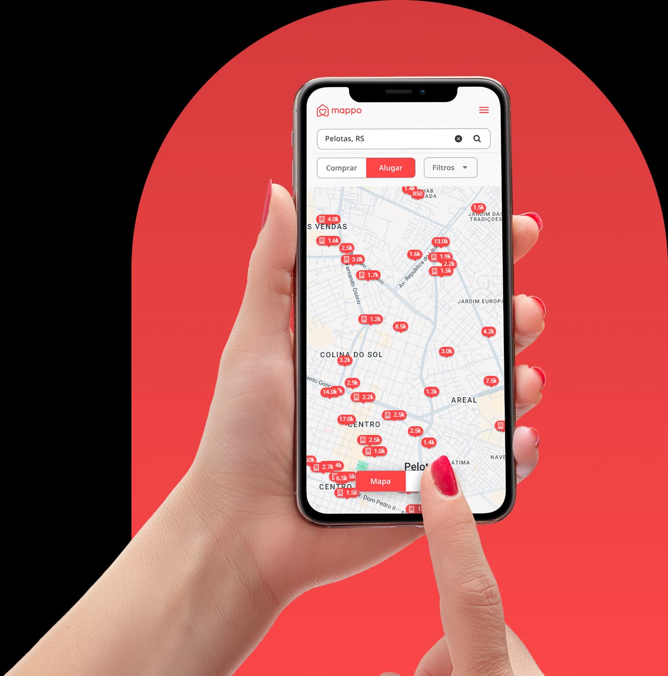 Mão tocando a tela de um dispositivo e navegando no app do site.